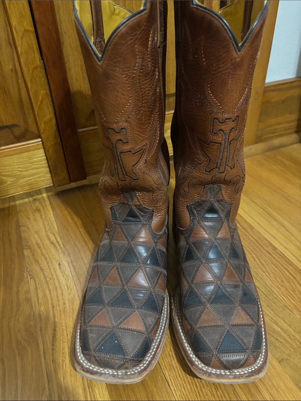 Tin Haul Two-Tone Brown and Black Geometric Square-Toe Western Boots